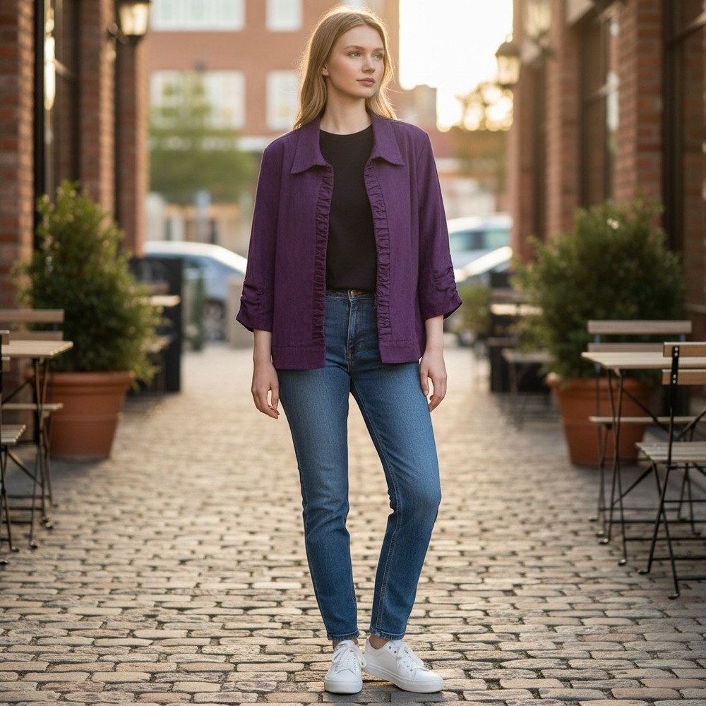 Women L Purple Faux Suede Ruffle Open Front Jacket Granny Bold Preppy Poet